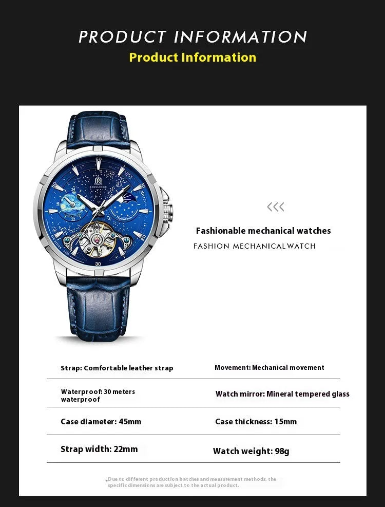 Men's blue automatic mechanical wristwatch with day-date window on stainless steel case.