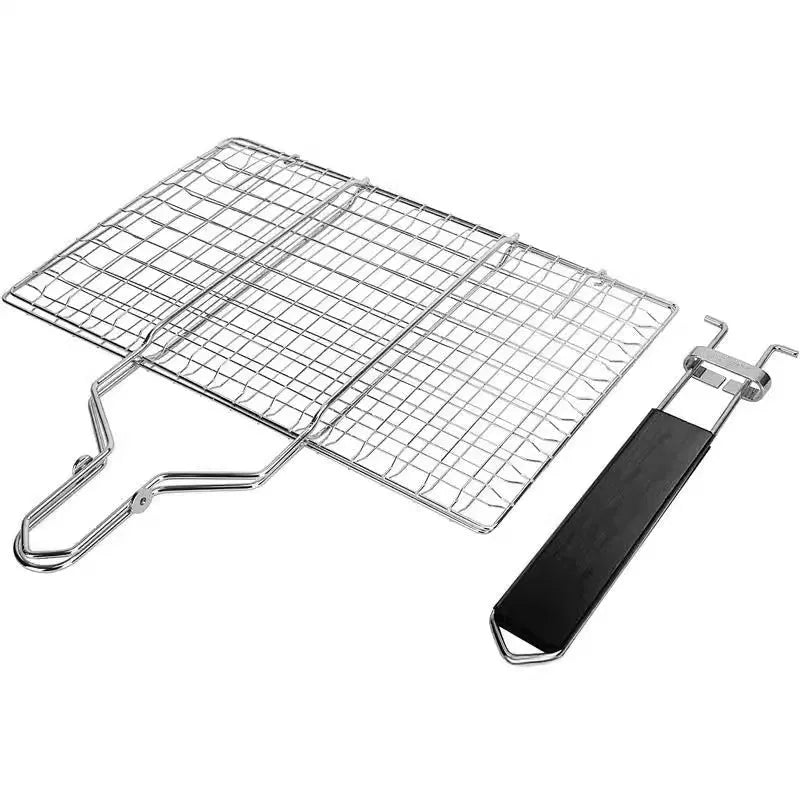 Square folding stainless steel barbecue mesh basket with a cleaning brush on a grill.