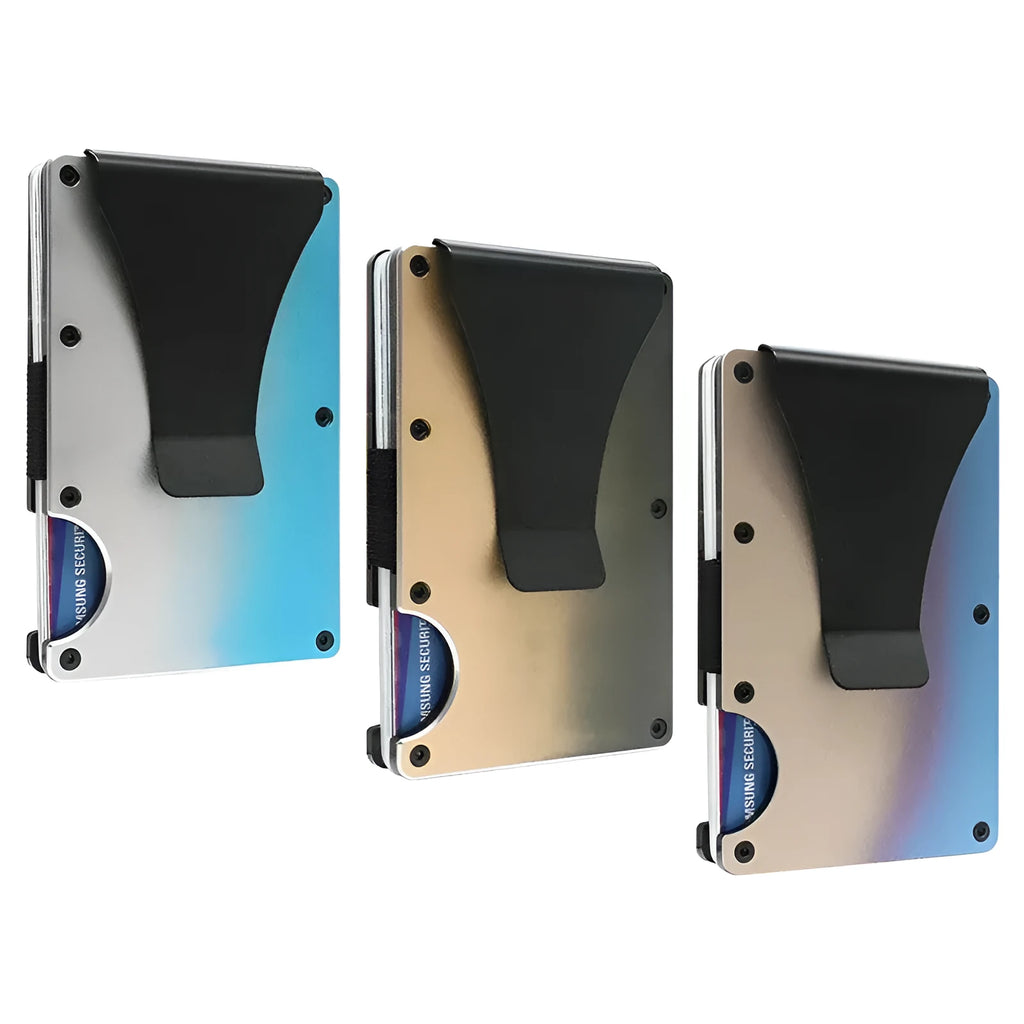 Ultra-thin aluminium alloy card holder with metal clamp in gradient colour, slim card package for contactless cards