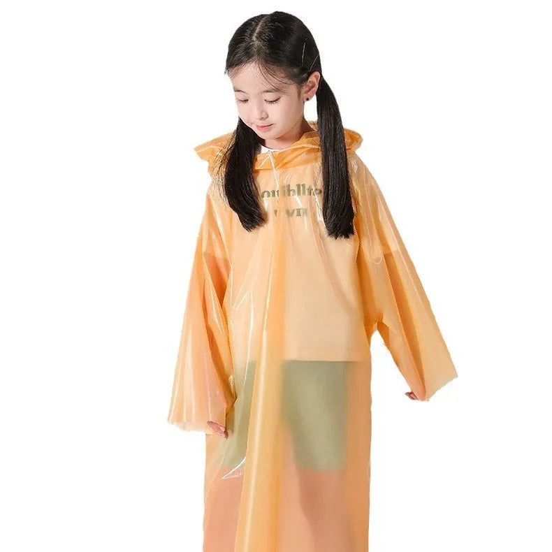 Disposable children's long poncho raincoat folded in 13x9cm bag with blue, yellow, orange, pink, green, and white colour options.