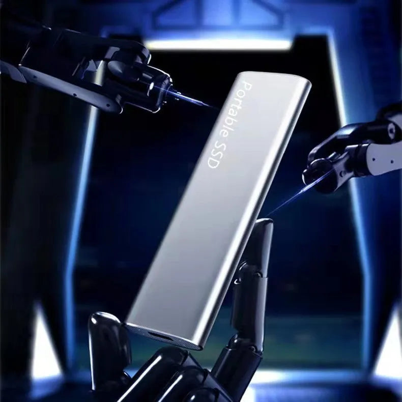 Ultra-thin metal mobile SSD expansion hard drive in red, black, blue, and silver colour options.