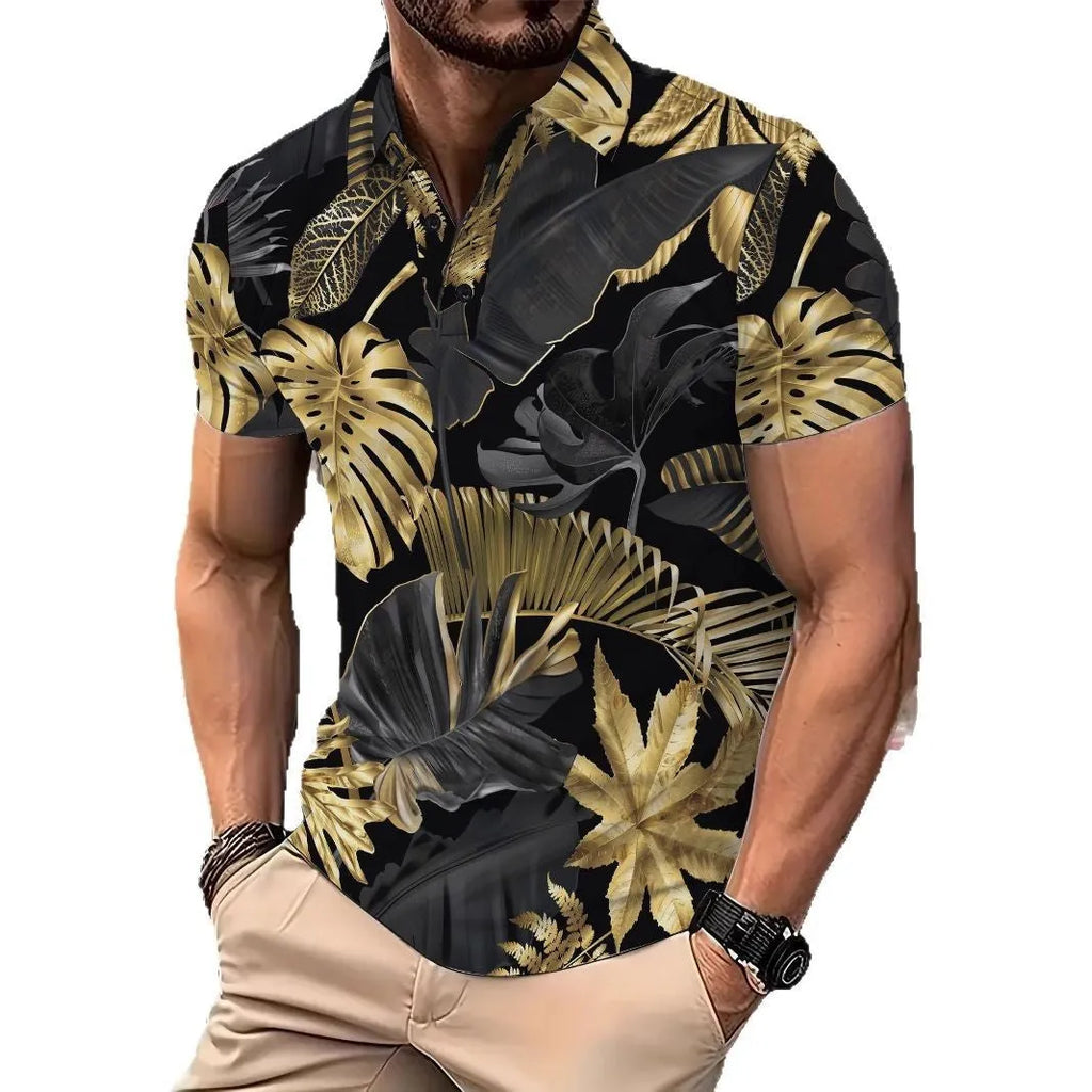 Men's gold tropical plant pattern printed short sleeve shirt