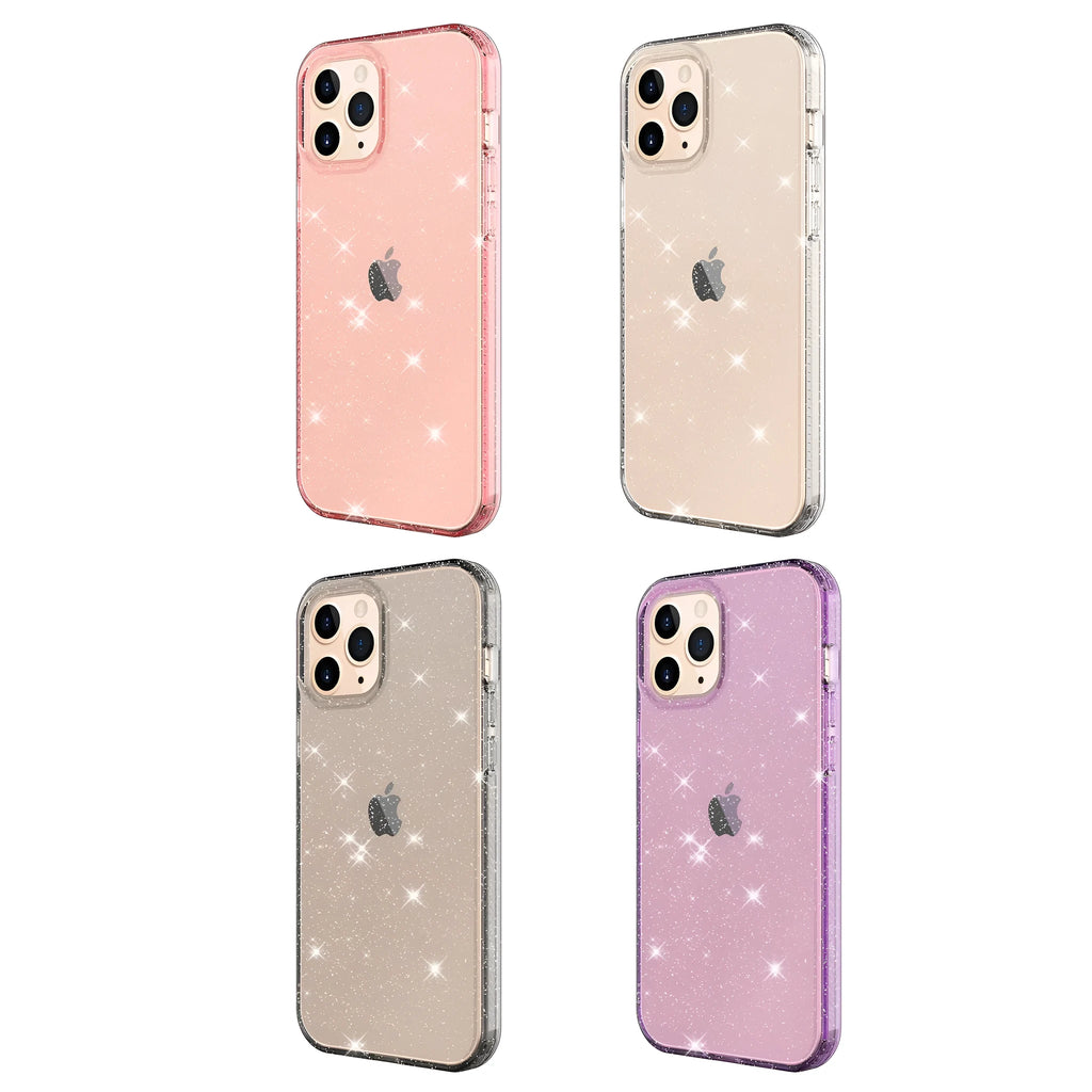 Transparent TPU phone case for iPhone 12 series in pink, black, purple, and clear colours showing anti-drop protection