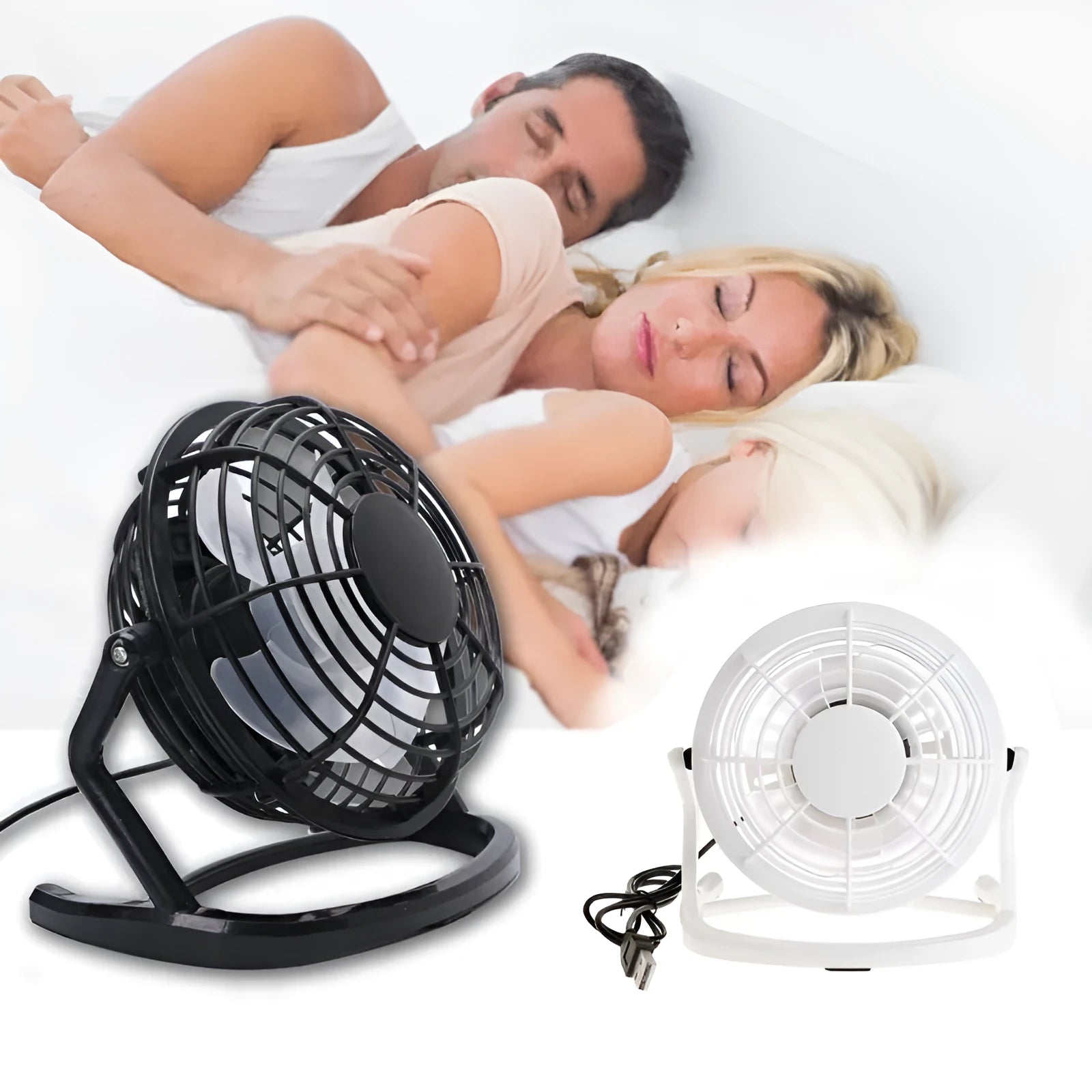 Mini black USB desk fan with adjustable tilt, shown on a desk next to a laptop.
