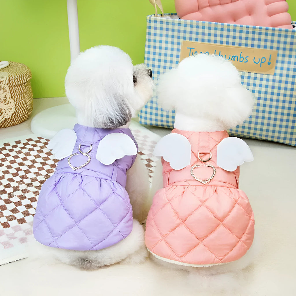 Small dog wearing pink polyester skirt with cotton-thickened ruffles and elastic waistband