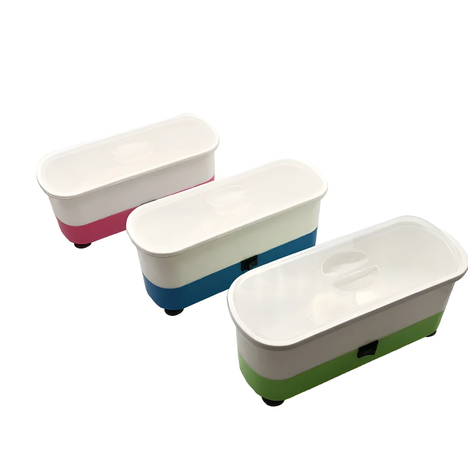 Analog ultrasonic cleaner in blue plastic casing with battery compartment and suction cups for cleaning glasses and contact lenses