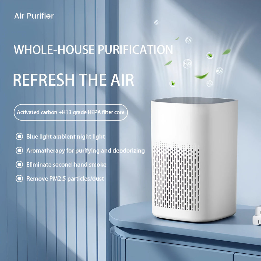 Compact desktop air purifier with USB cable on wooden desk
