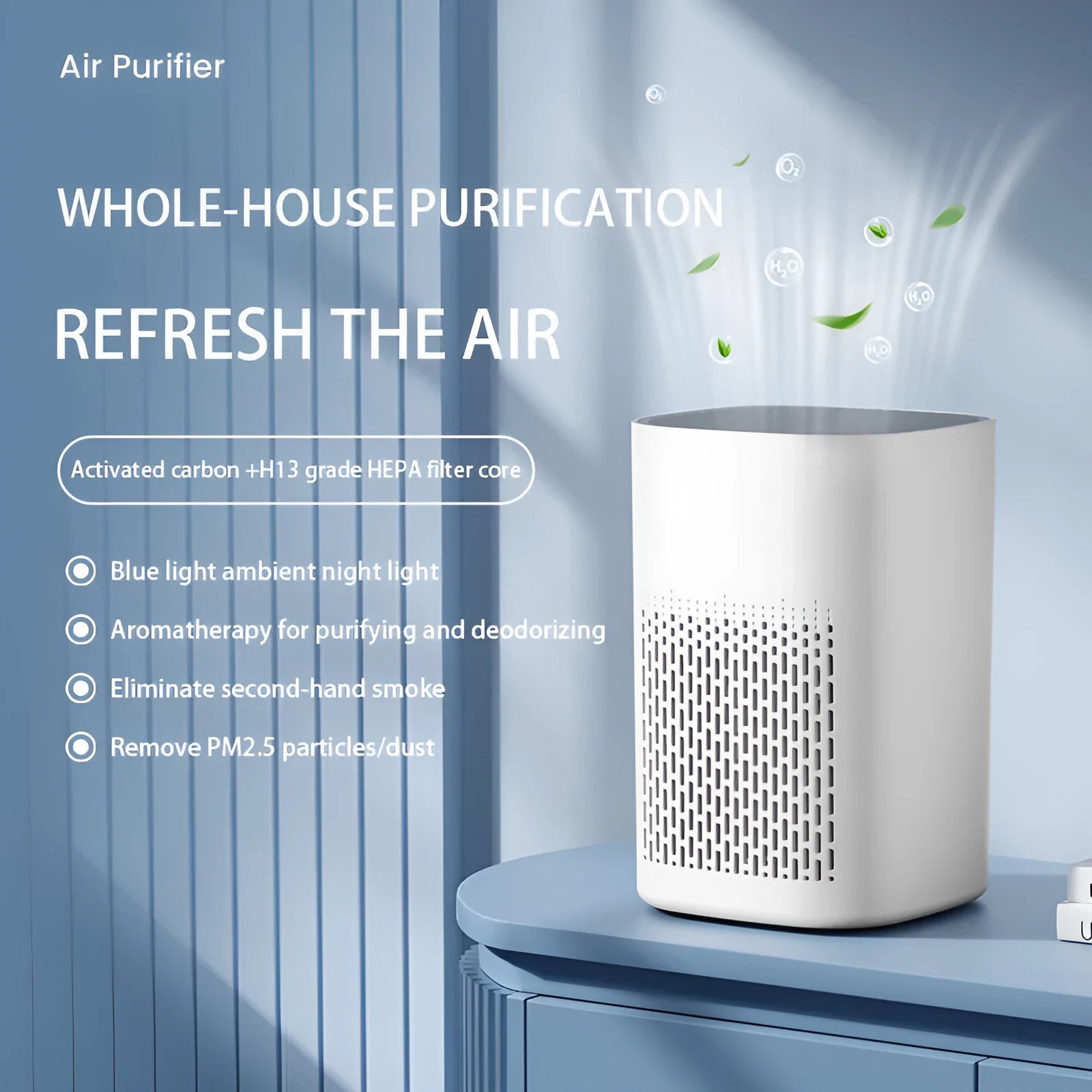 Compact desktop air purifier with USB cable on wooden desk