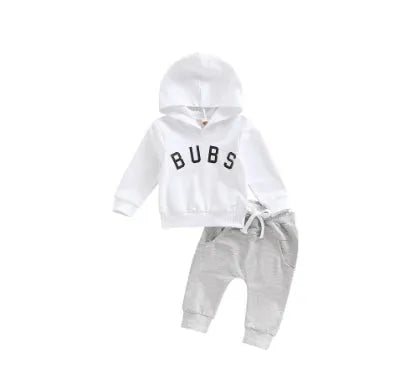 Boys' cotton letter print hoodie and trousers suit in white, long sleeves, pullover style, 70-110cm height