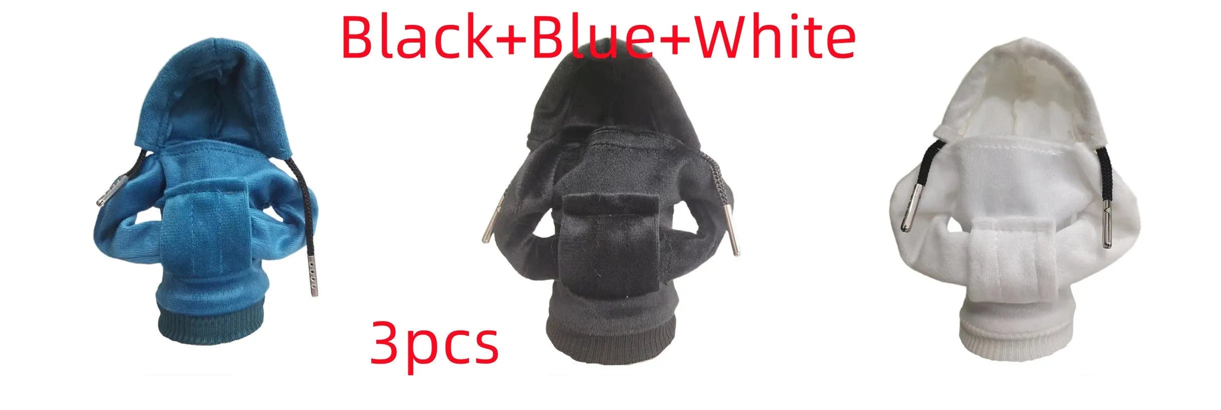 Cloth car gear shift knob hoodie cover in multiple colour options next to a gear lever.