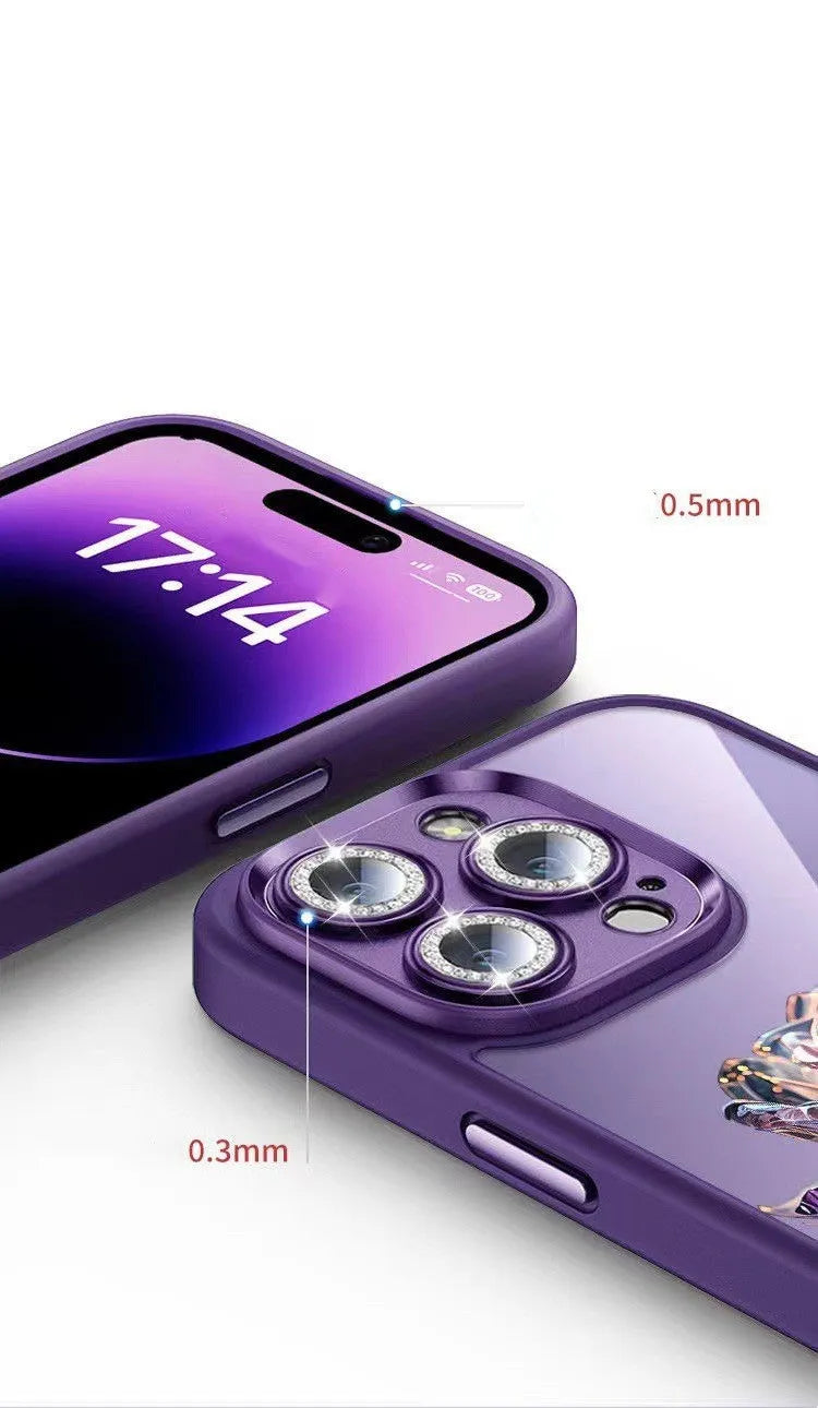 Rose design phone case with sparkling lens film for iPhone models in pink and purple colours