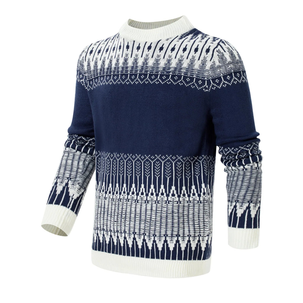 A man's knitted long-sleeved pullover sweater for fall and winter wear.