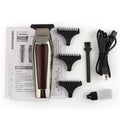 Electric hair clipper with T-design blade, USB rechargeable, two speed settings, LED indicator, available in black, red and wine red.