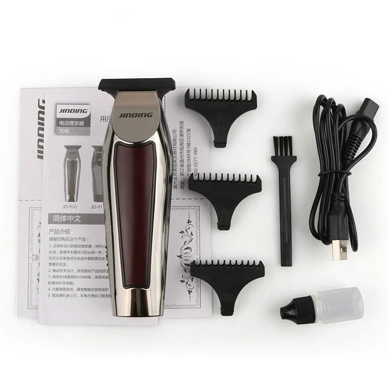Electric hair clipper with T-design blade, USB rechargeable, two speed settings, LED indicator, available in black, red and wine red.