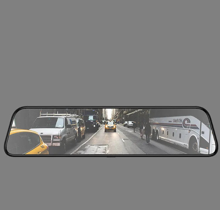 12-inch black rearview mirror dash cam mounted in vehicle with wide-angle lens