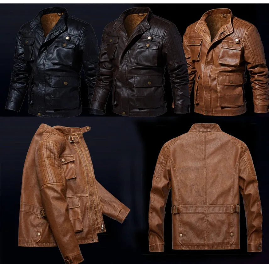 Men's PU leather jacket with plus velvet lining in khaki colour