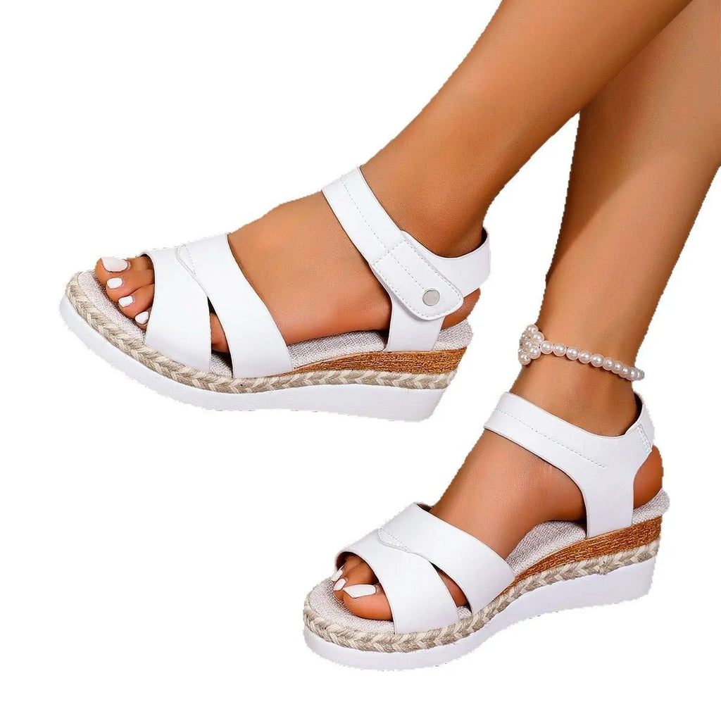 Women's PU sandals with buckle and fish mouth toe in black, white, and light brown