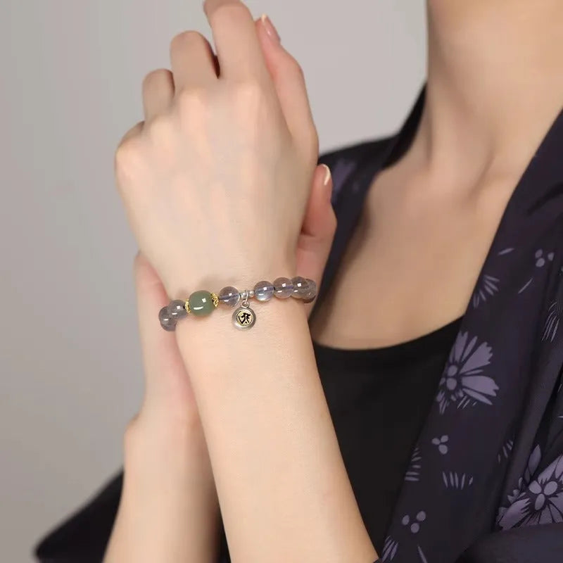 Birth Buddha Beads moonstone bracelet with Thousand-Hand Guanyin Mouse charm and electroplated finish