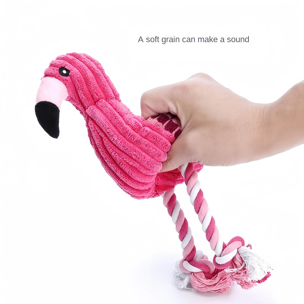 Pink corduroy animal-shaped squeaky dog toy with reinforced stitching