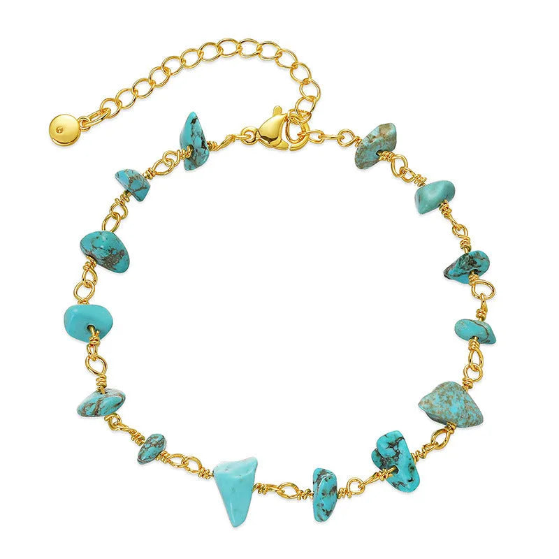 Geometric 18K copper women's bracelet with natural turquoise gravel crystals in multiple colours.