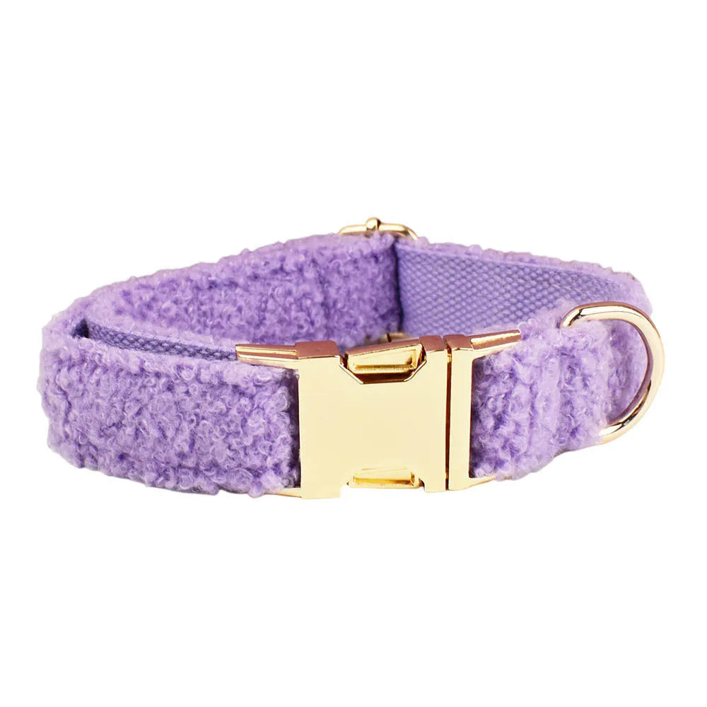 Purple cloth dog collar and leash set with matching vest and bow accessory for small breed dogs