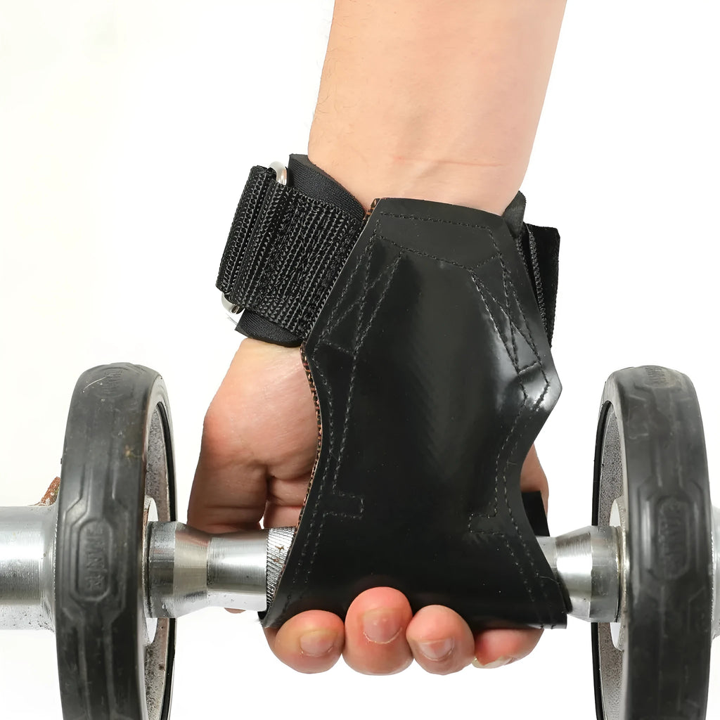 Pair of black booster hose rubber assist belts for non-slip palm protection in weightlifting and rock climbing.