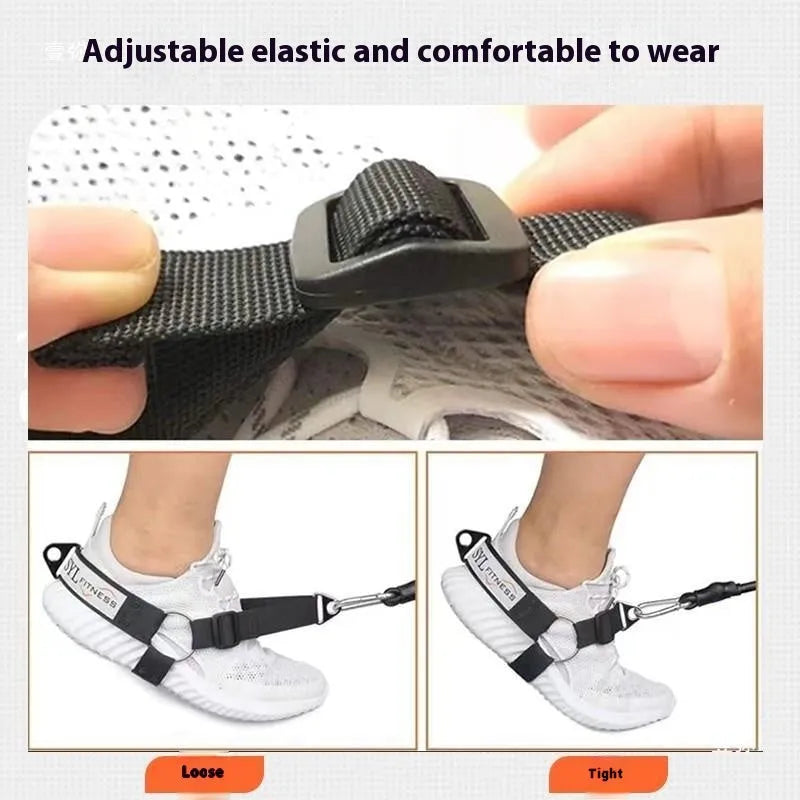 Ankle buckle and leg strength strap tension booties with foot lanyard in black, grey, or pink.