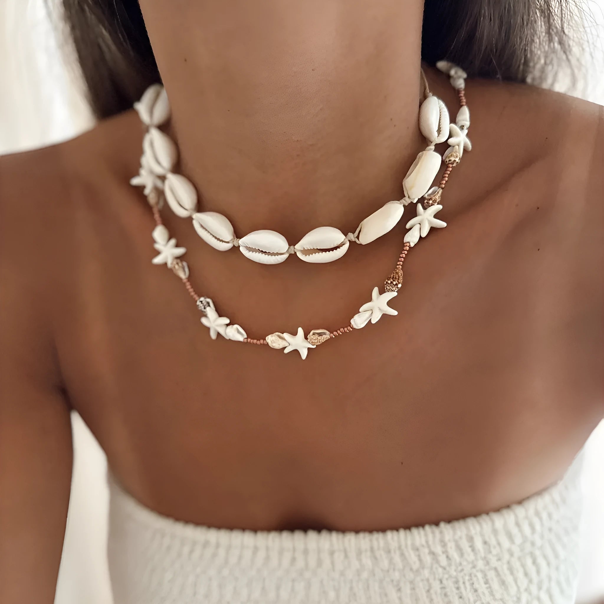 Women's bohemian shell necklace with geometric pendant on regular chain in colour X1900