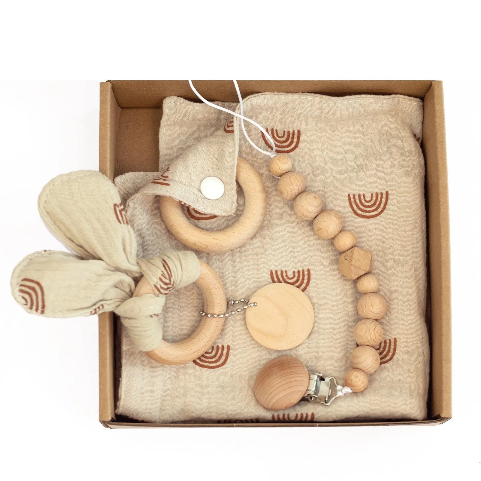 Baby teething gift set with bamboo fibre blanket and wooden teethers in corrugated box
