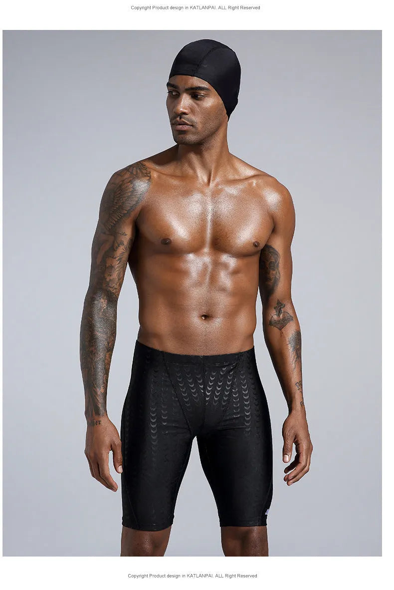 Men's solid colour polyester swimming trunks for beach surfing and swimming, shown in larger sizes.
