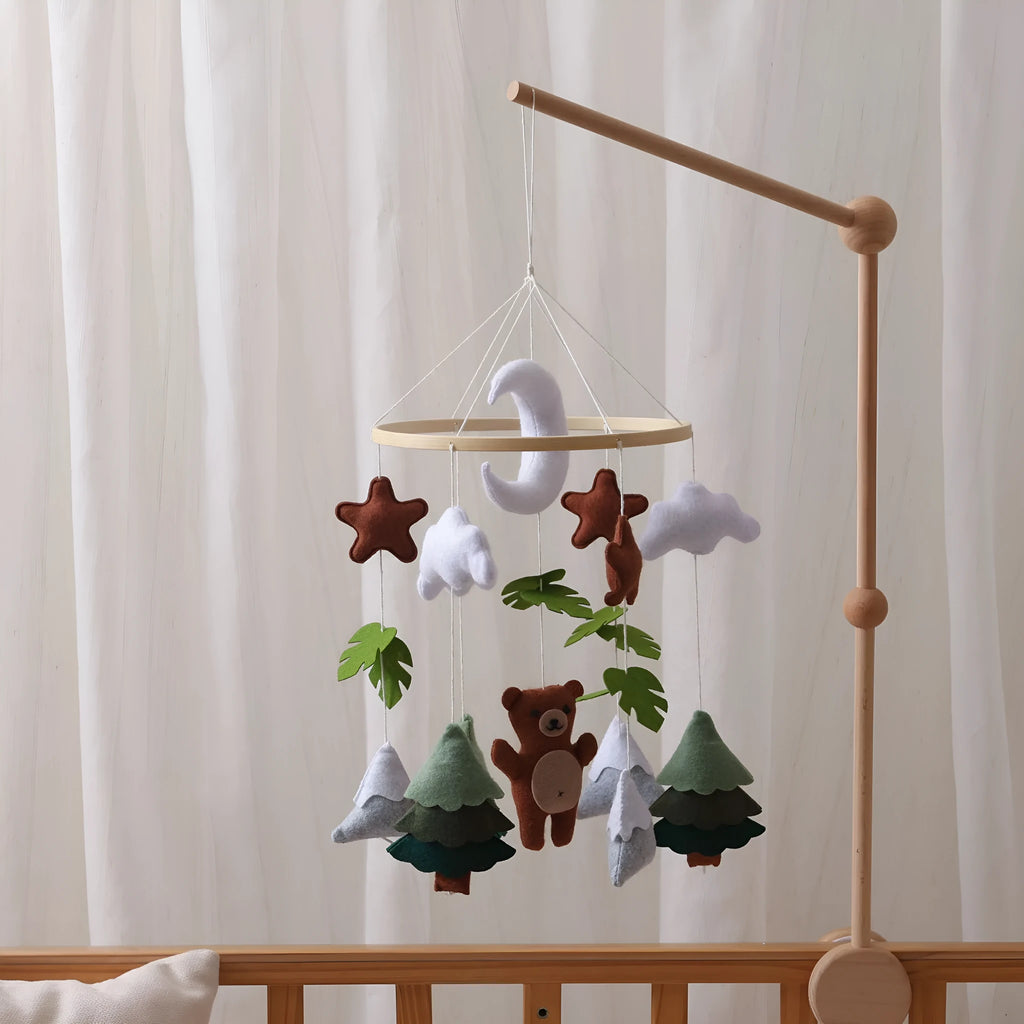 Handmade felt teddy bear bed bell for children in white, made from wood and felt, supplied in a leather paper box