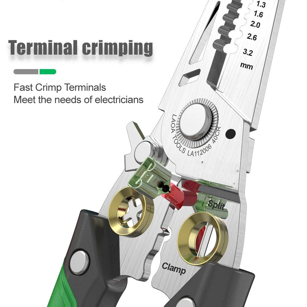 Stainless steel 7-in-1 wire stripper with two-colour handle and seven sized stripping ports.