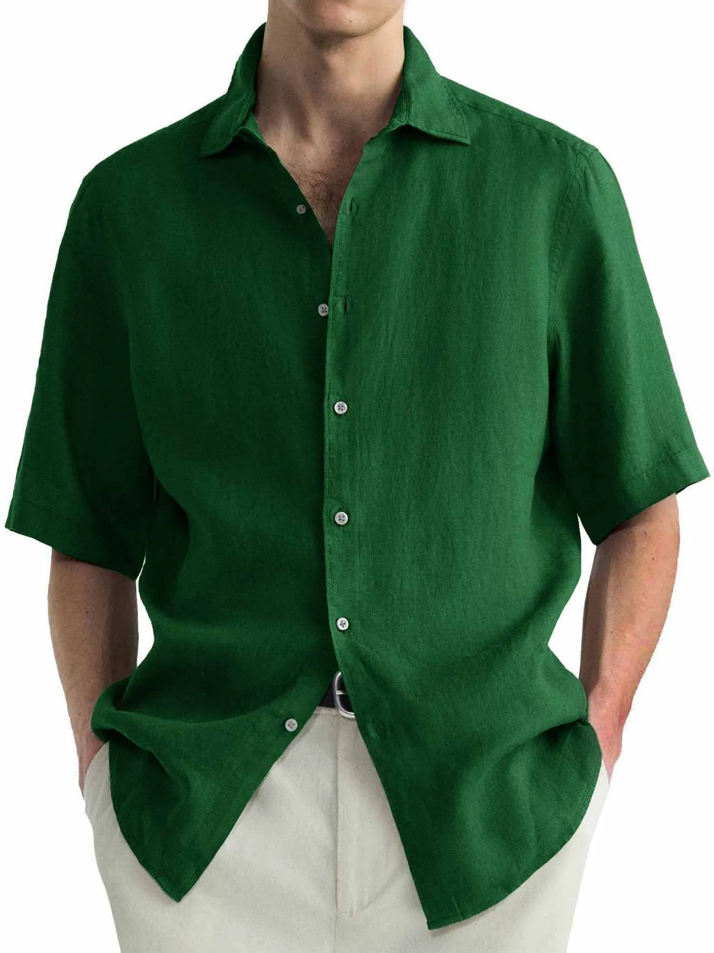 Green men's washed cotton casual shirt cardigan on a hanger, regular fit.