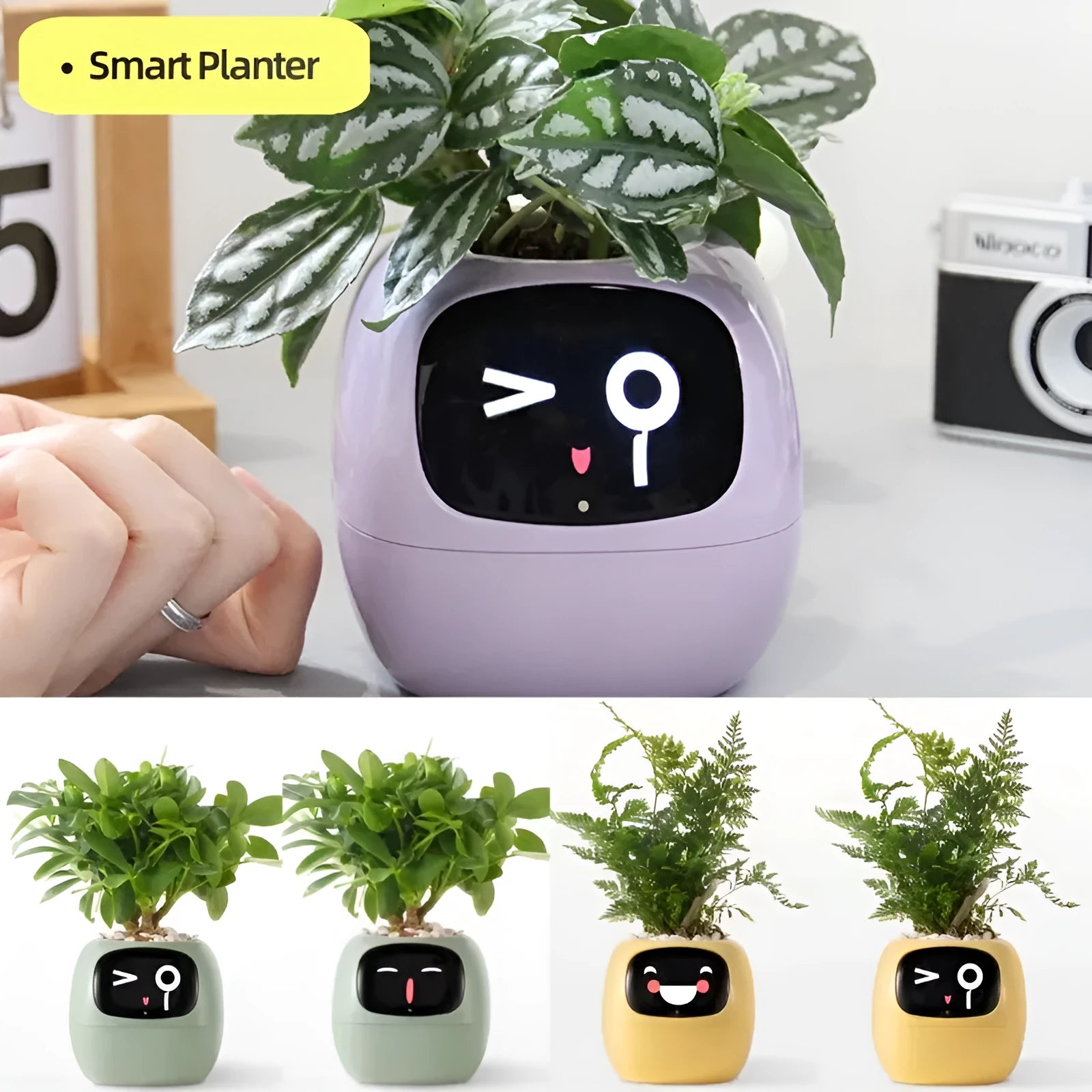 Smart planter with AI chips and 7 sensors, small size 114x100x96mm, green colour, multifunctional screen