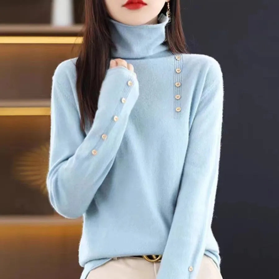 Slim fit knitted pullover bottoming shirt in core-spun yarn fabric with 3D pattern, shown in multiple colour options