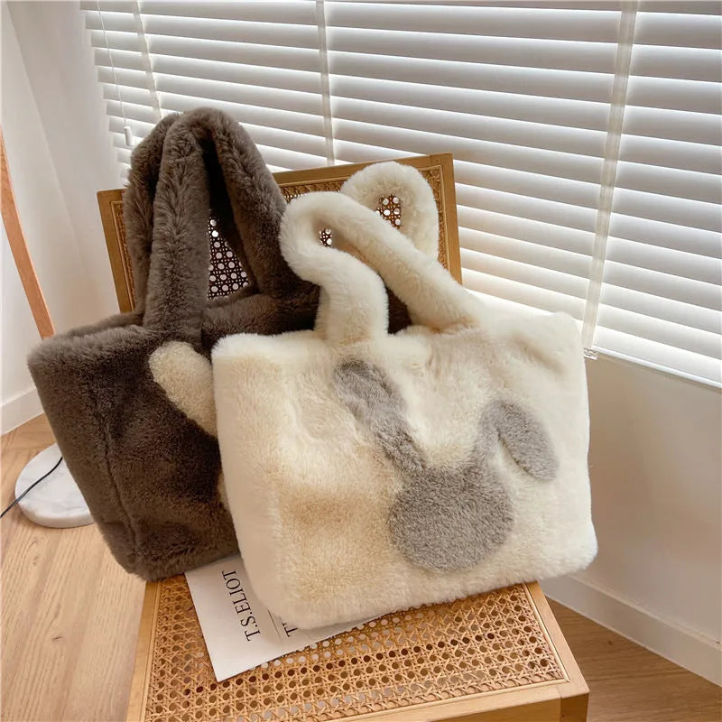 Women's plush tote bag with rabbit ears in solid colour