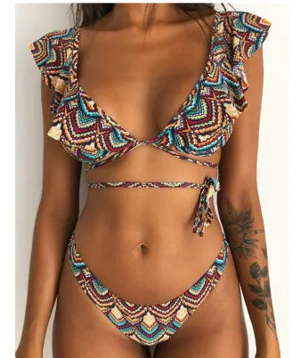 Yellow floral print split bikini swimsuit with high elasticity nylon fabric
