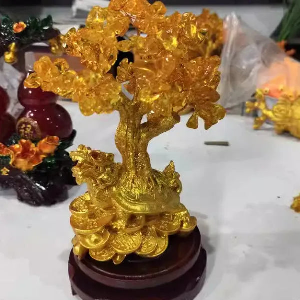 Resin citrine turtle money tree ornament measuring 18×11×23 cm with Chinese design
