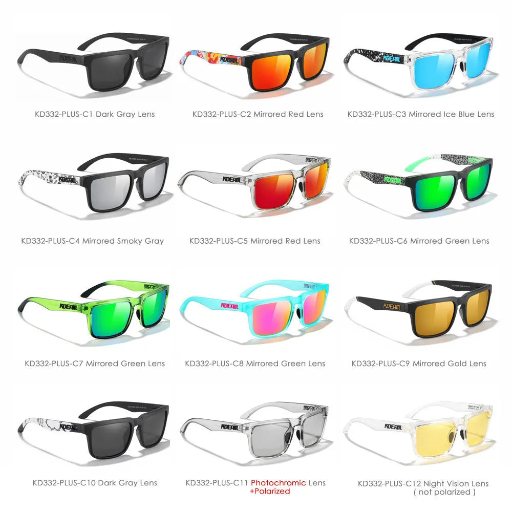Square polarised sunglasses with TAC lenses and PC frame in multiple colour options for outdoor use