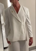 White draped collar two-piece suit set for women, available in sizes S to 3XL, formal occasion outfit.