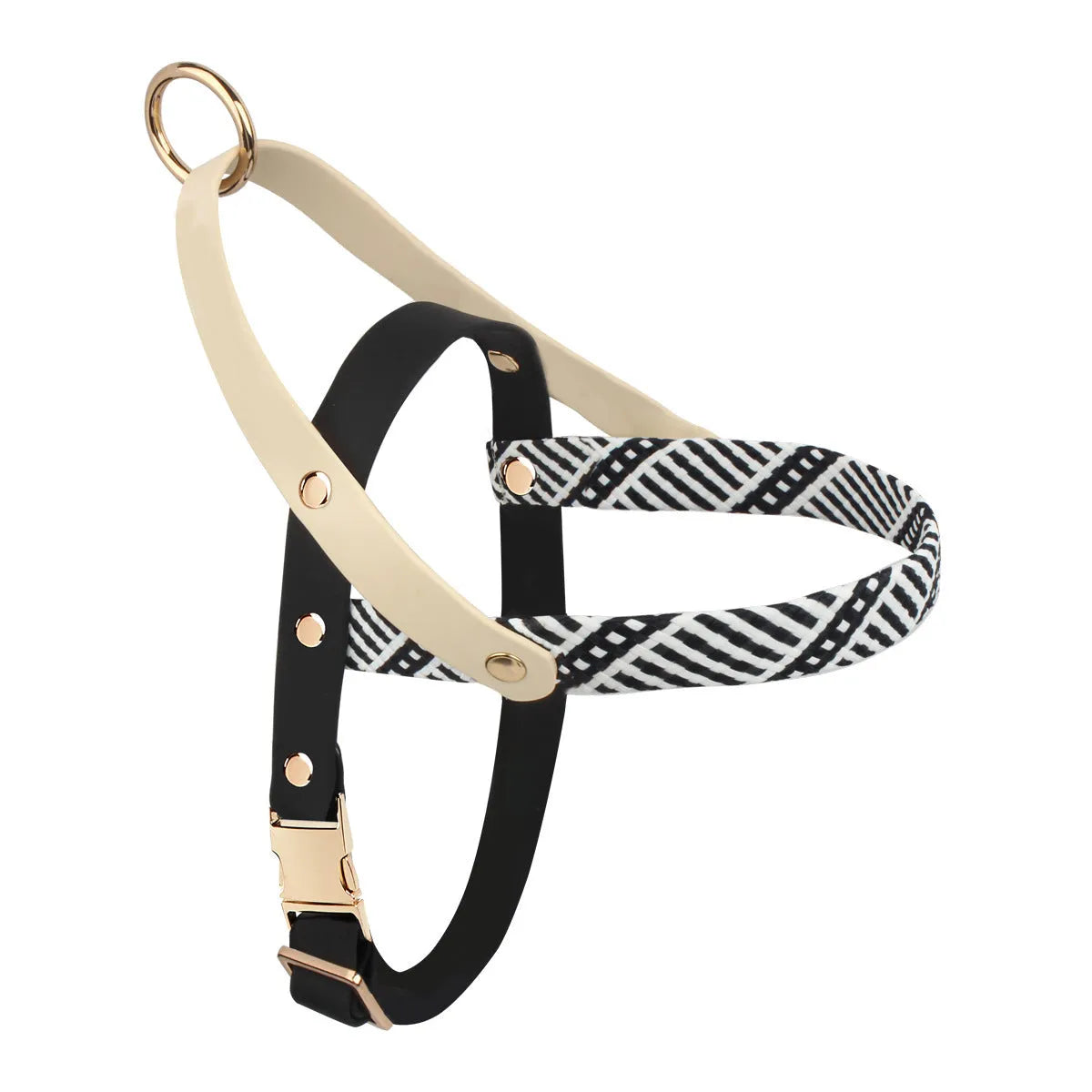 Dog hand holding rope pet harness chain in nylon PVC, Shadow White colour, with chest strap on neutral background