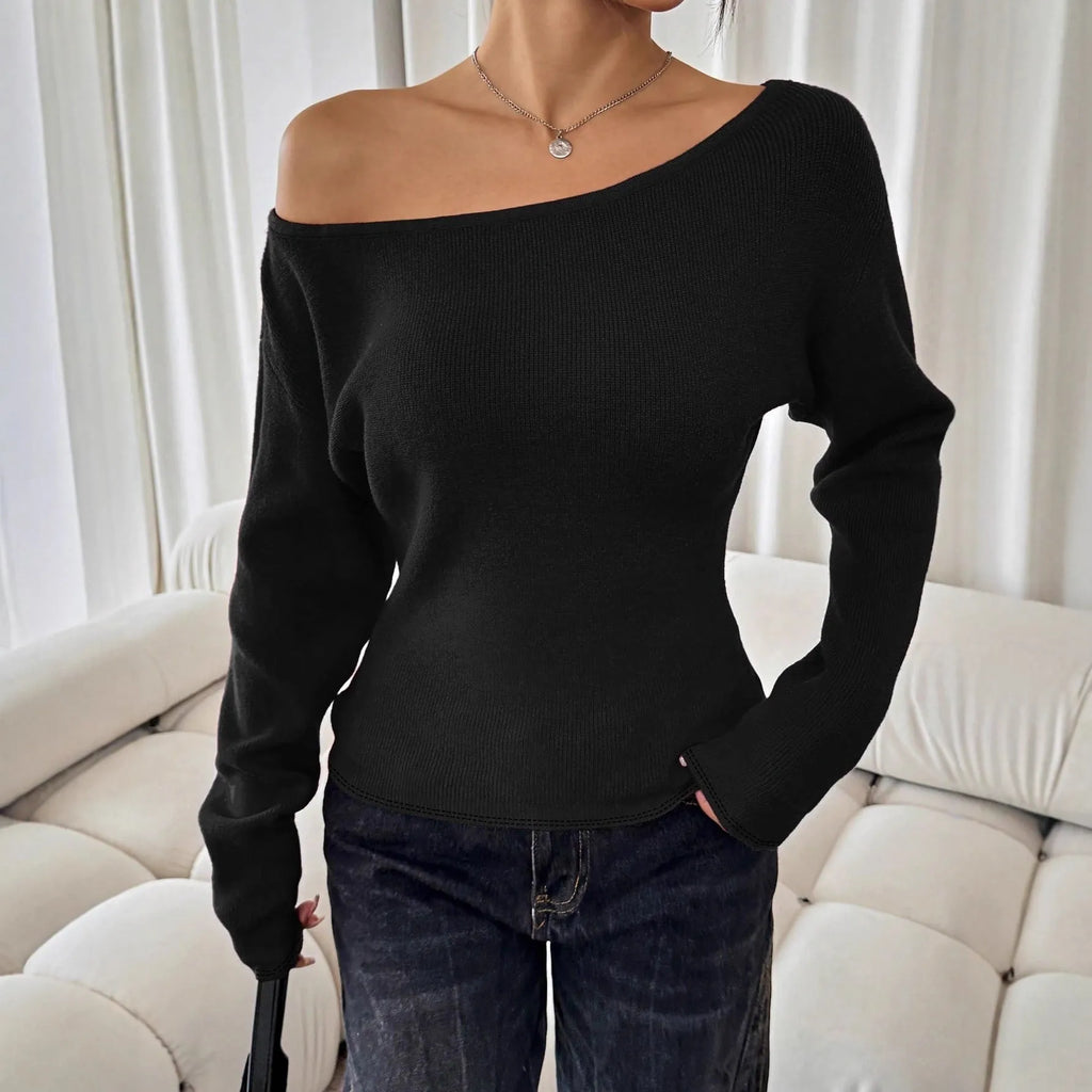 Women's long-sleeved knitted round-neck waist-cinching base sweater in polyester cotton, available in white, black, red or pink