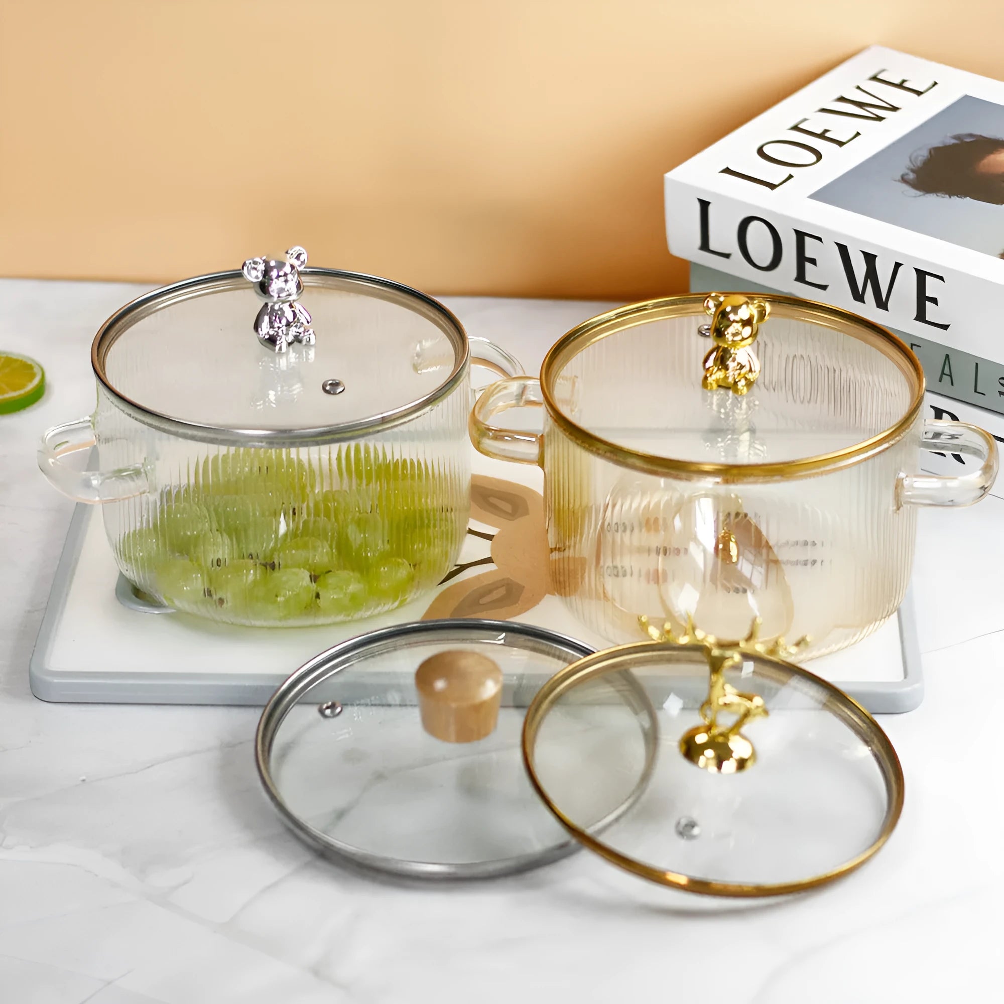 Transparent borosilicate glass milk pot with double ears and glass lid, 1600ml non-stick hot pot