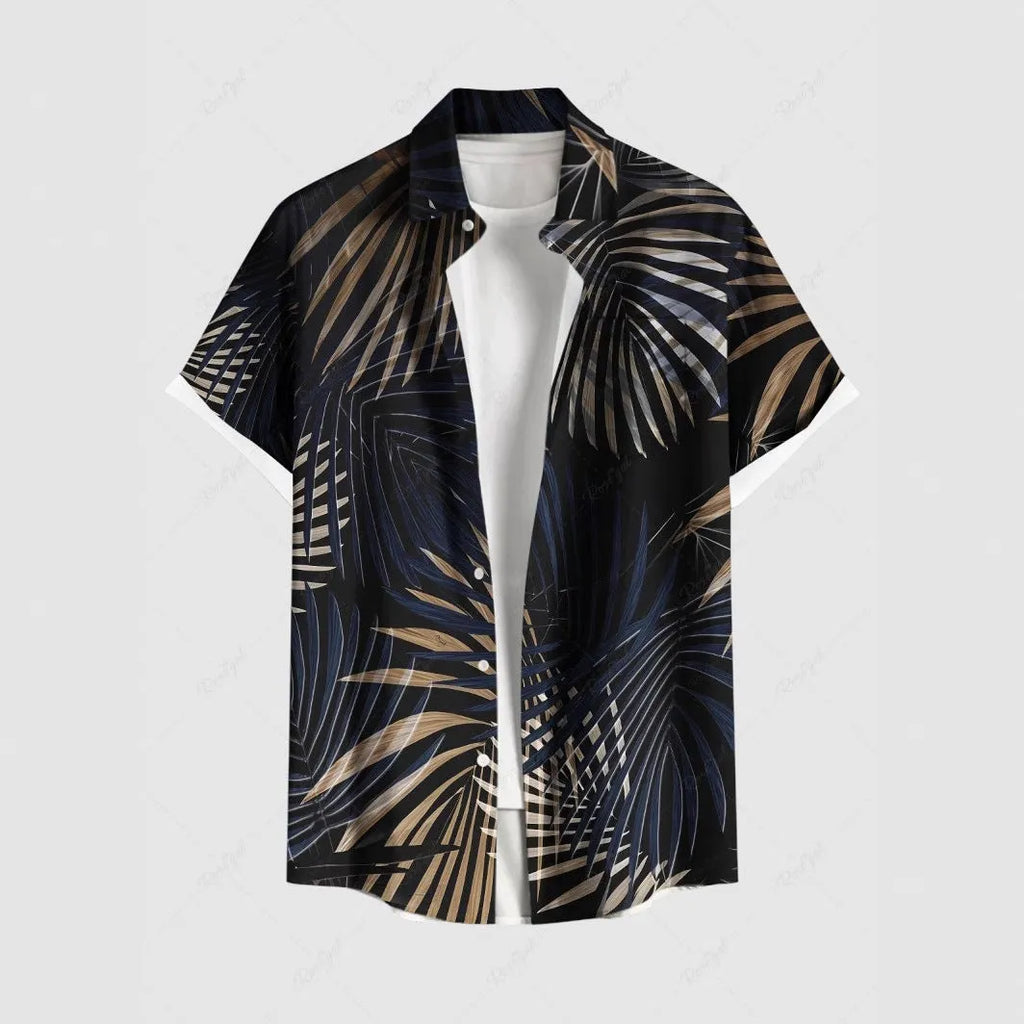 Men's striped casual shirt with stand collar and short sleeves in loose fit cardigan style
