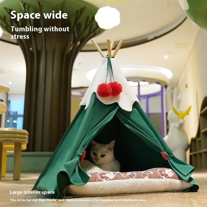 Brown semi-closed cloth cat house with a removable mat, shown next to a white colour option.