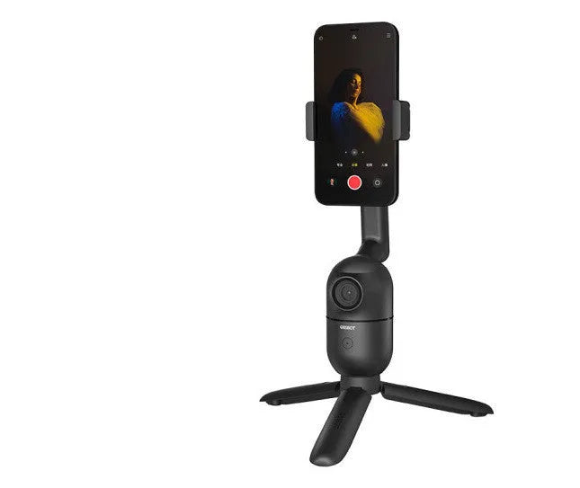 Black mobile phone bracket with face following and PTZ tripod, shown folded and unfolded with included accessories.