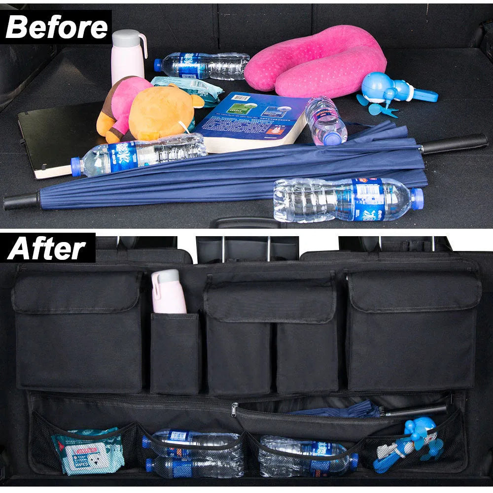 Black car trunk hanging storage organiser with handle made from waterproof Oxford cloth