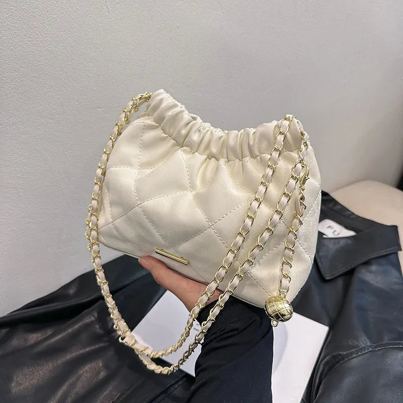 Fashion Rhombus Chain Shoulder Messenger Bag in soft PU leather, horizontal square shape, single strap, colour options black blue pink white