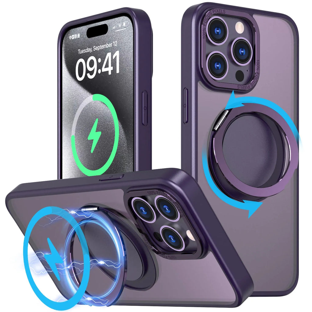 Gear rotating 360 bracket phone case for iPhone 13 in black with frosted back and bracket extended