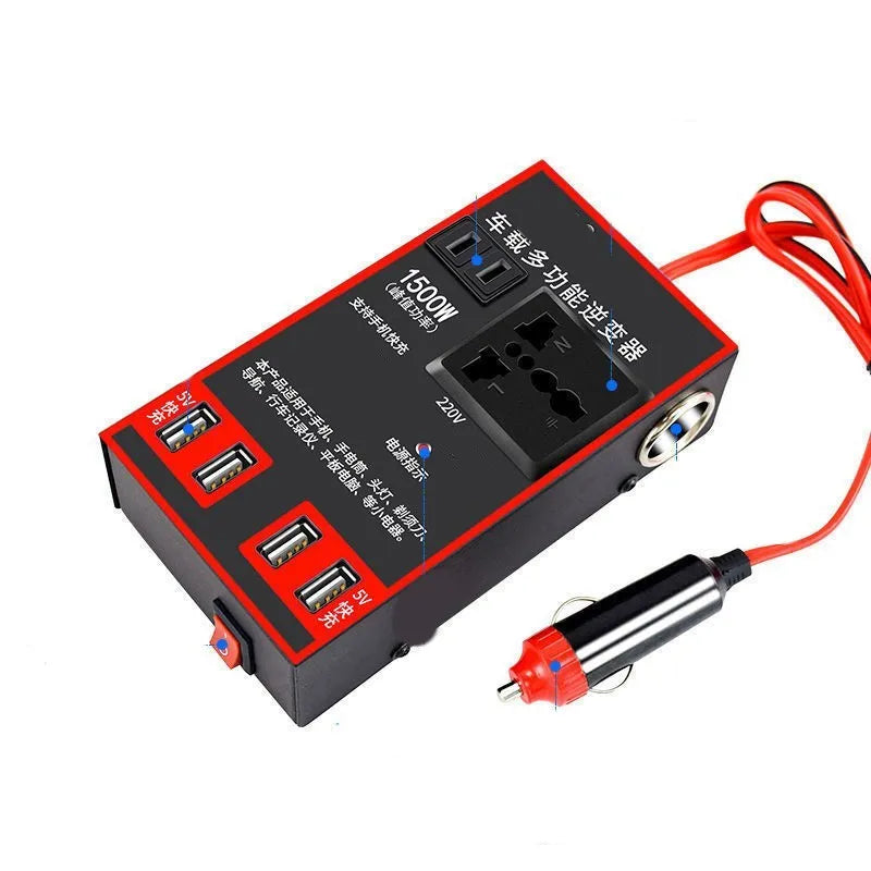 Black automotive power converter transforming 12V/24V car power to 220V AC with four USB charging ports